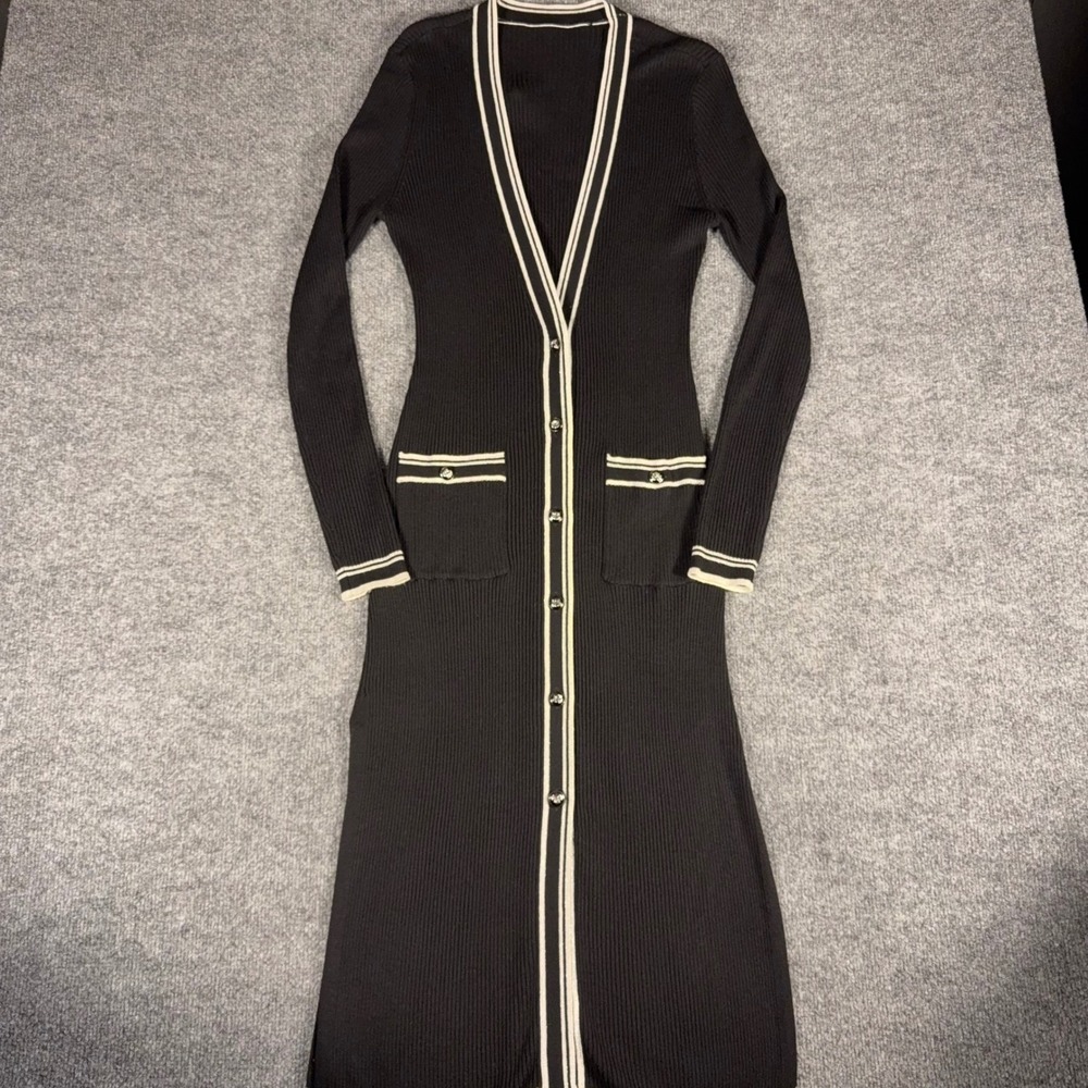 French Connection Black Ribbed Knit Duster Cardigan Longline Sweater XS
